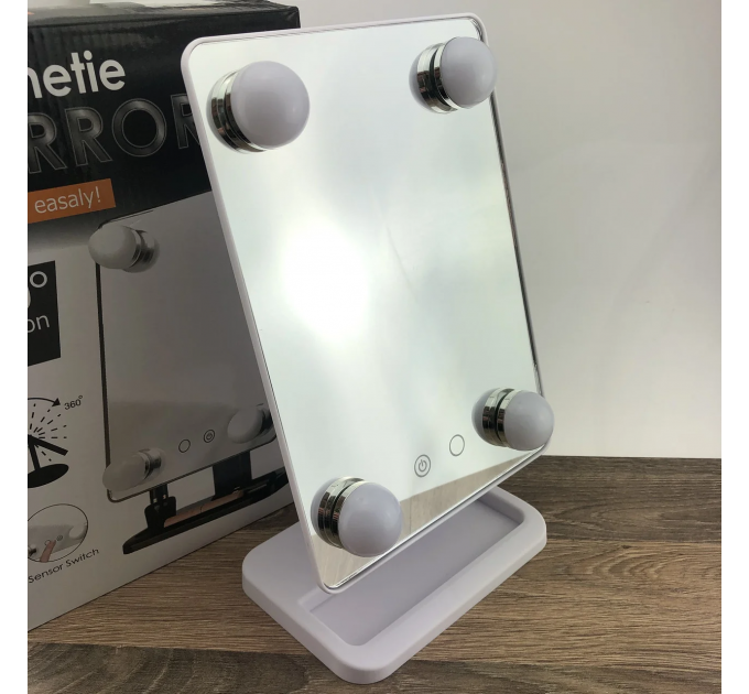 Дзеркало для макіяжу з LED підсвічуванням Cosmetie Mirror 360 HH083 біле з косметичною підставкою