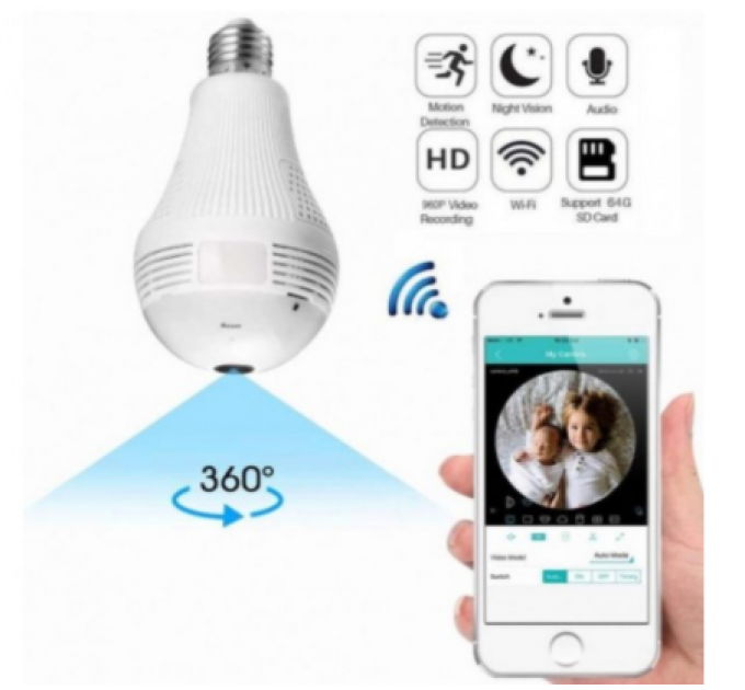 Панорамна стельова IP WiFi камера відеоспостереження "Лампочка" CAMERA SMART UKC CAD-B13 H302 2MP